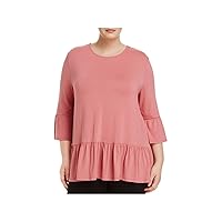 Womens Pink Stretch Ruffled Bell Sleeve Round Neck Wear to Work Peplum Top Plus 3X