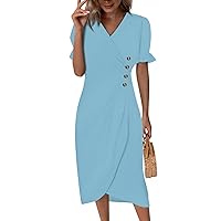 Boho Dresses for Women 2024 V Neck Wrap Sun Dresses Short Sleeve Button Up Tunic Dresses Sexy Split Midi Dresses