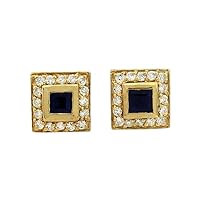Genuine 1.05 Cts Blue Sapphire & Diamonds Earrings 14K Gold