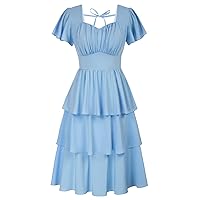 Belle Poque Women's Square Neck Tiered Ruffle Dress 2024 Summer Vintage Short Sleeve Layered A-line Swing Midi Dress