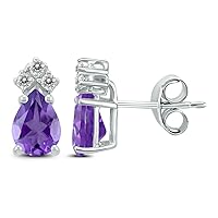 8x6MM Pear Shape Natural Gemstone And Three Stone Diamond Earrings in 14K White Gold and 14K Yellow Gold (Available in Amethyst, Citrine, Blue Topaz, and More)