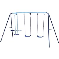 2 in 1 Metal Swing Set with Glider, Heavy Duty A-Frame with Two Swings Seats and One Glider, 4 Children, Ages 3 to 8 for Playground and Backyard, Blue