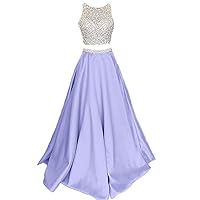 Beaded 2 Pieces Sheer Long Open Back Prom Evening Bridesmaid Dresses