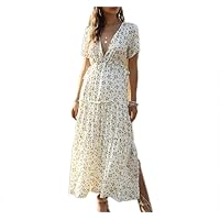 Ruffled Floral Bohemian Dress Women, Slit Long Sleeve Summer Wrap Dress with Ruffles Casual Midi Dress Medium White by VINICRAFTY