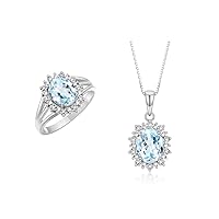 RYLOS Women's Sterling Silver Princess Diana Ring & Pendant Set. Gemstone & Diamonds, 9X7MM Birthstone. Matching Friendship Jewelry, Sizes 5-10.