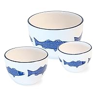 Boston International Ceramic Nesting Prep Bowls, 3 Sizes, Striper Blue