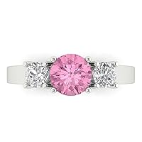 1.47ct Round Cut Solitaire three stone Pink Simulated Diamond designer Modern Statement Ring Real Solid 14k White Gold