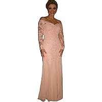 Plus Size Pink Long Sleeves Off Shoulder Full-Length Lace Mother of The Bride Dresses Formal Party Evening Gowns