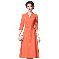 Spring Dresses for Women Three Quarter Sleeve Midi Dress Single Breasted Orange L Orange