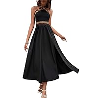 Wedding Guest Dresses for Women Contrast Chevron Tape Criss Cross Cami Dress (Color : Black, Size : Medium)