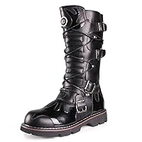 Men's Black Motorcycle Boots Army Boots Men High Military Combat Boots Flame Totem Punk Mid Calf Male Fashion Boots Rock10.5