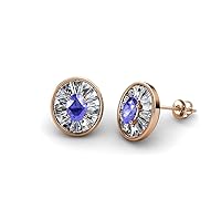 Oval Cut Tanzanite & Baguette Natural Diamond 1.22 ctw Women Milgrain Halo Stud Earrings 14K Gold