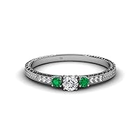 Diamond & Emerald Round Cut 0.38 ctw Womens Three Stone Engagement Ring in 14K Gold