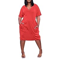 Summer Plus Size Maxi Dresses for Curvy Women V Neck Short Sleeve Knee Pocket Soild Color Casual Dress
