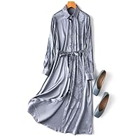 Women Silk Shirt Dress Jacquard Long Sleeve Belted Waist Blue Gray Color Midi Dress