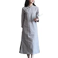 Women's Autumn Long Sleeve Standing Neck Dress Classic Plaid Button Cotton Linen Loose Split Dress