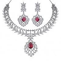 Luxurious Ruby Rendezvous Necklace Set bSilver Finish Brass Alloy, American Diamond Adorned, Ideal Gift for Wife