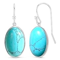 Natural Oval Gemstone Dangle Earrings,Platinum Plated Silver Genuine Stone Drop Earrings Jewelry Gift for Women Girls (J_Turquoise)