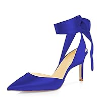 Womens Pointy Toe Stiletto Heel Satin Dress Pumps Lace up Prom Mid Heel Wedding Sandals Dance Shoes Self-tie