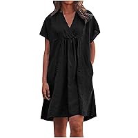 Women's Oversized Summer Dresses 2023 Trendy Cotton Linen Dress V Neck Short Sleeve Sundress Fitted Pleated Dresses