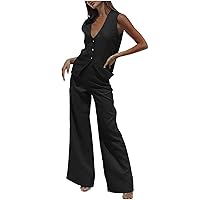 2 Piece Outfits for Women Summer Linen Sleeveless Button Up Crop Vest and High Waist Wide Leg Pants Set Tracksuits