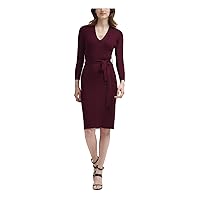 DKNY Womens Burgundy Knit Ribbed Fitted Self Tie Belt Pull Over Long Sleeve V Neck Knee Length Wear to Work Sweater Dress L