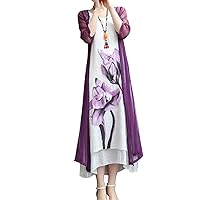 Honwenle Women's Linen Dress 2 Piece Outfit Floral Sleeveless Loose Maxi Summer Dresses with Jacket Formal Casual