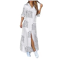 Franterd Casual Maxi Dress for Women,Floral Button Down Roll up Long Sleeve Long Dress Loose Long Maxi Dresses