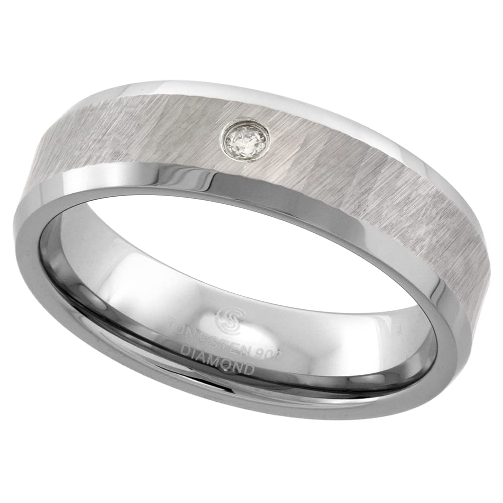 Sabrina Silver 6mm Tungsten Diamond Wedding Ring for Him & Her Dazzling Cut Finish Beveled Comfort fit, Sizes 4 to 9.5