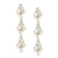 Mariell Freshwater Pearl Gold Dangle Bridal and Wedding Earring with Cubic Zirconia Crystal, Prom Jewelry