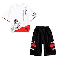 Boys Sports Fashionable Contrast Color Printed Suits Shirts Top + Middle Pants with Pocket