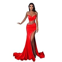 Deep V-Neck Prom Dress Long Mermaid Evening Gowns for Women Formal Sexy Sheer Slit Wrap Pleated DR0184
