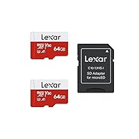 Lexar 64GB Micro SD Card 2 Pack, microSDXC UHS-I Flash Memory Card with Adapter - Up to 100MB/s, U3, Class10, V30, A1, High Speed TF Card (2 microSD Cards + 1 Adapter)