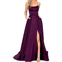 Women's Satin Prom Dresses Long Ball Gown with Slit Backless Spaghetti Straps Halter Formal Evening Party Dress (Plum,16 Plus,US,Numeric,16,Regular,Regular)