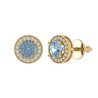 3.60 ct Round Cut Halo Solitaire Natural Light Blue Aquamarine pair of Solitaire Stud Screw Back Earrings 14k Yellow Gold