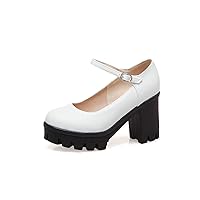 Women's Ankle Strap Platform High Heel Pumps Faux Leather Round Toe Block Heels Dress Shoes