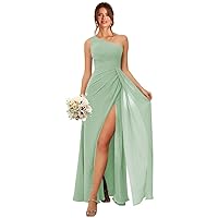 One Shoulder Bridesmaid Dresses for Women Long Ruched Chiffon A Line Formal Evening Dress with Slit KY001