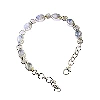 Real Link Style Rainbow Moonstone Bracelets For Gift Sterling Silver Birthstone L 6.5-8 Inch