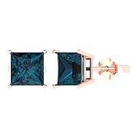 3.0ct Princess Cut Solitaire Natural London Blue Topaz Pair of Stud Everyday Earrings 18K Pink Rose Gold Butterfly Push Back