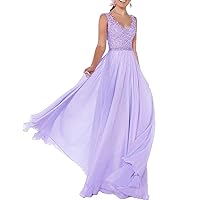 Women's V Neck Lace Prom Dresses Long Chiffon Formal Evening Party Gowns