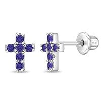 925 Sterling Silver Cubic Zirconia Little Cross Shape Stud Earrings with Safety Screw Back Lock for Toddlers, Little Girls, Pre-Teens & Teens - Christian Jewelry for Sweet & Loving Children