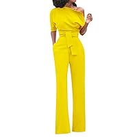 Dressy Jumpsuits for Women Sexy Off Shoulder Overalls with Pockets Elegant Short Sleeve Wide Leg Pant Romper with