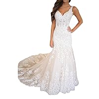 V-Neck Lace Bridal Ball Gowns with Train Long Mermaid Wedding Dresses for Bride 2022 Plus Size