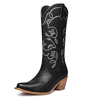Cowboy Boots for Women Cowgirl Mid Calf Boots Floral Embroidery Pointed Toe Chunky Heel 2.5