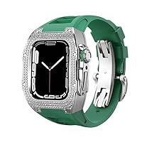 Diamond DIY Modification Kit for Apple Watch Series 8 7 45mm Luxury Stainless Steel Mod Kit for iWatch 44mm Rubber Band Strap (Color : Green-Silver, Size : 44MM)