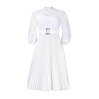 Women's Lace Hollow Out Dress Elegant Long Sleeve High Waist Pleated Party Midi Dress with Belt