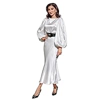 Women's Dress Lantern Sleeve Belted Satin Dress (Color : White, Size : X-Large)