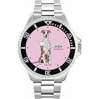 Striped Beige Whippet Dog Mens Wrist Watch 42mm Case Custom Design