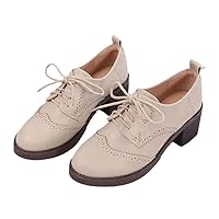 Women's Loafers Classic Lace-up Platform Mid-Heel Square Toe Oxfords Dress Pump Shoes Beige Single Shoes Brogue Student-Shoes