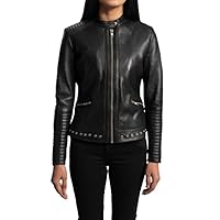 New Black Strips Pattern Genuine Leather Ladies Biker Jacket with Punch Holes